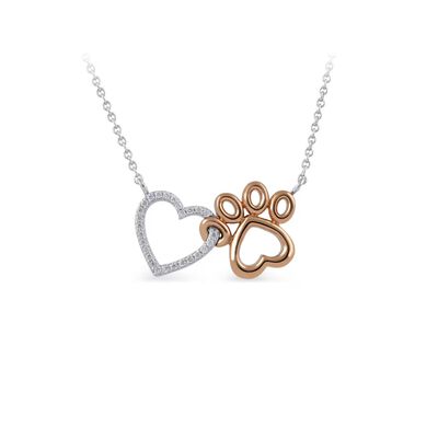 1/10 ct. tw. Diamond Paw Heart 18" Necklace in Sterling Silver and 10K Rose Gold